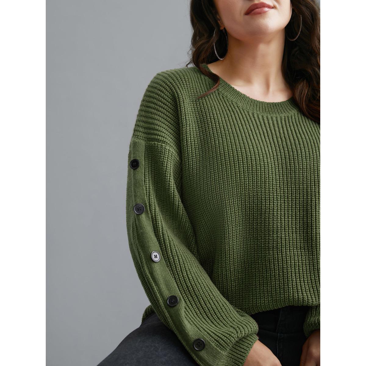 Plus Size Textured Drop Shoulder Button Detailing Pullover ArmyGreen Women Casual Loose Long Sleeve Round Neck Everyday Pullovers BloomChic 26/4X Product Image