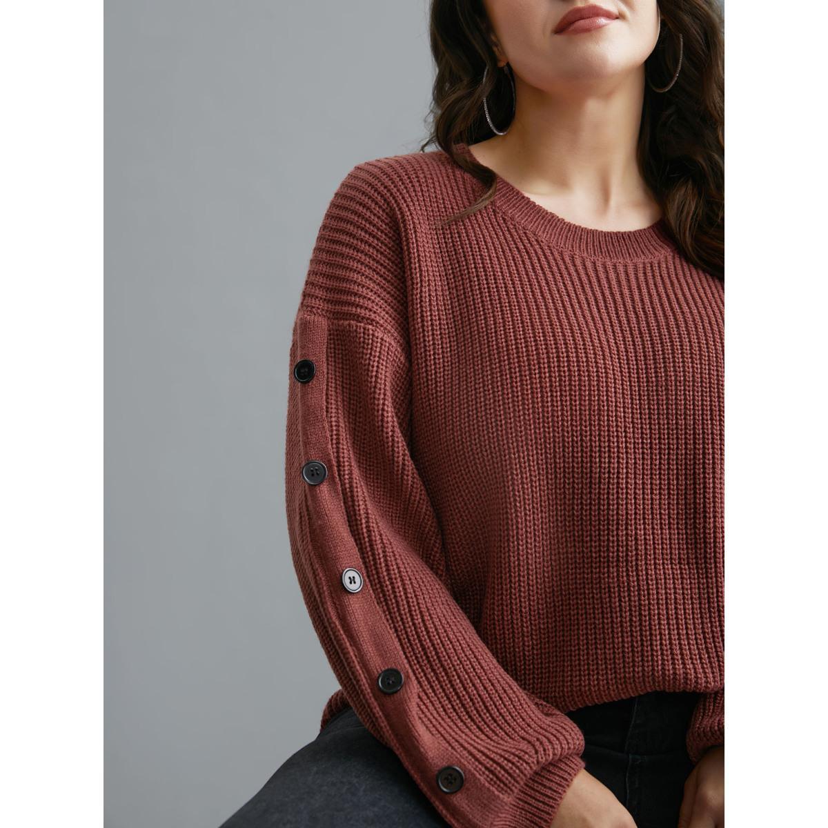 Plus Size Textured Drop Shoulder Button Detailing Pullover Russet Women Casual Loose Long Sleeve Round Neck Everyday Pullovers BloomChic 26/4X Product Image