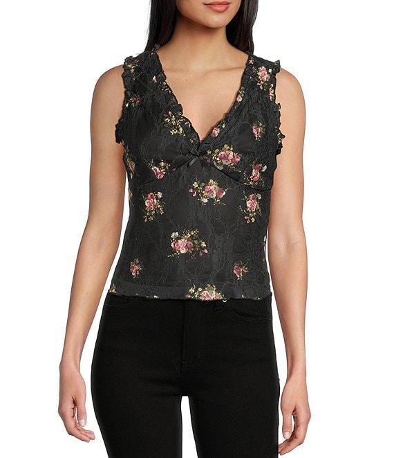 Honey & Sparkle Floral Print V-Neck Sleeveless Ruffle Edge Lined Lace Top Product Image