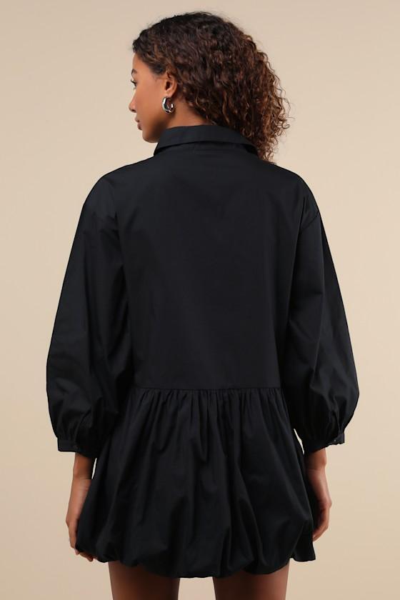 Sophisticated Delight Black Collared Bubble-Hem Mini Dress Product Image