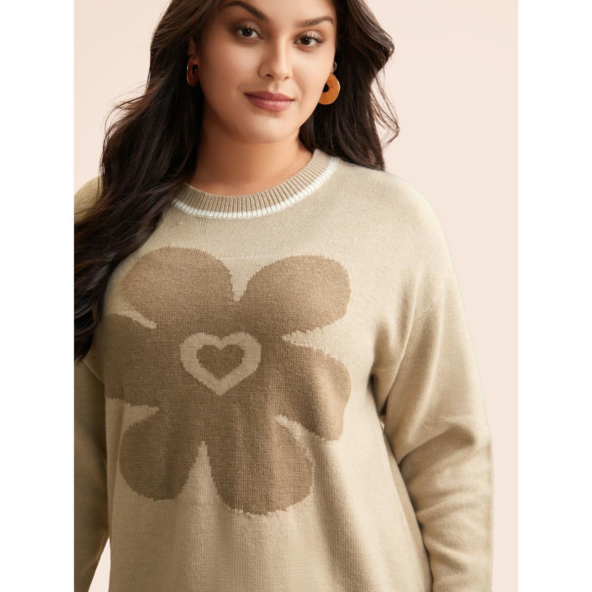 Plus Size Floral Jacquard Contrast Trim Slit Hem Pullover LightBrown Women Casual Long Sleeve Round Neck Everyday Pullovers BloomChic 26/4X Product Image
