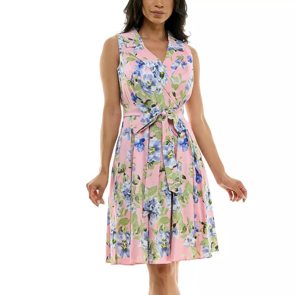 Women's Nina Leonard Floral Print Tie Waist Collared Sleeveless Fit & Flare Dress, Size: 14, Pink Team Product Image