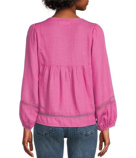 Lucky Brand Floral Print Pintuck Lace V-Neck Long Blouson Sleeve Top Product Image