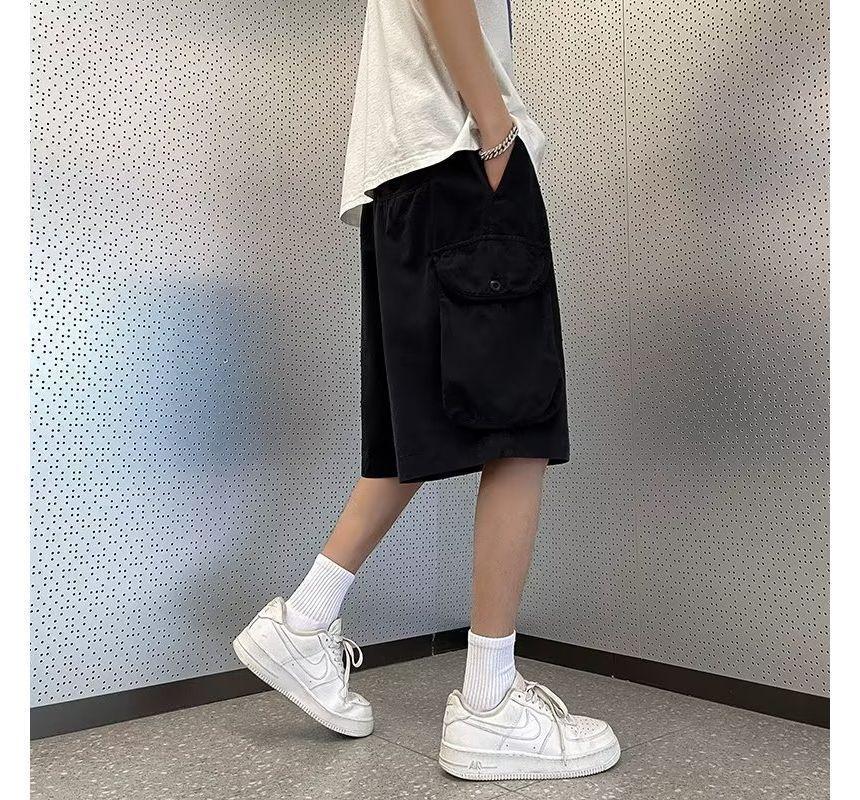 Drawstring Waist Plain Cargo Shorts Product Image