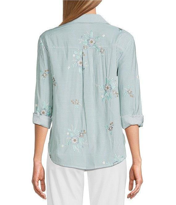 Multiples Petite Size Slub Crinkle Embroidered Stripe Point Collar Long Roll-Tab Sleeve Button Front Shirt Product Image