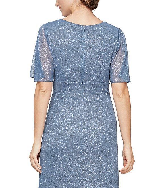 Ignite Evenings Glitter Mesh Ruched Embellished Waist Crew Neck Short Flutter Sleeve Sheath Gown Product Image