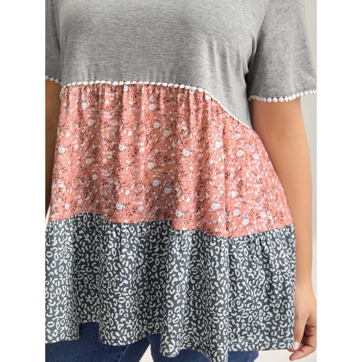 Plus Size Ditsy Floral Print Patchwork Layered T-Shirt Multicolor Women Woven ribbon&lace trim Natural Flowers Round Neck Everyday-Casual T-shirts BloomChic 14-16/1X Product Image