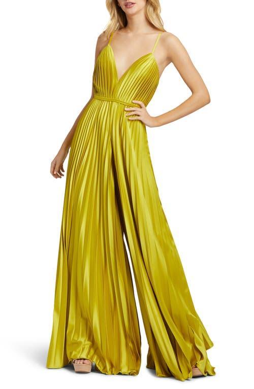 Mac Duggal Pleated Deep V-Neck Spaghetti Strap Sleeveless Wide Leg Jumpsuit Product Image
