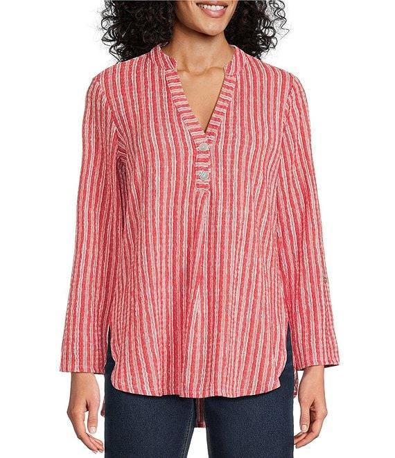Ruby Rd. Crinkle Knit Stripe V-Neck Long Roll-Tab Sleeve Henley Top Product Image