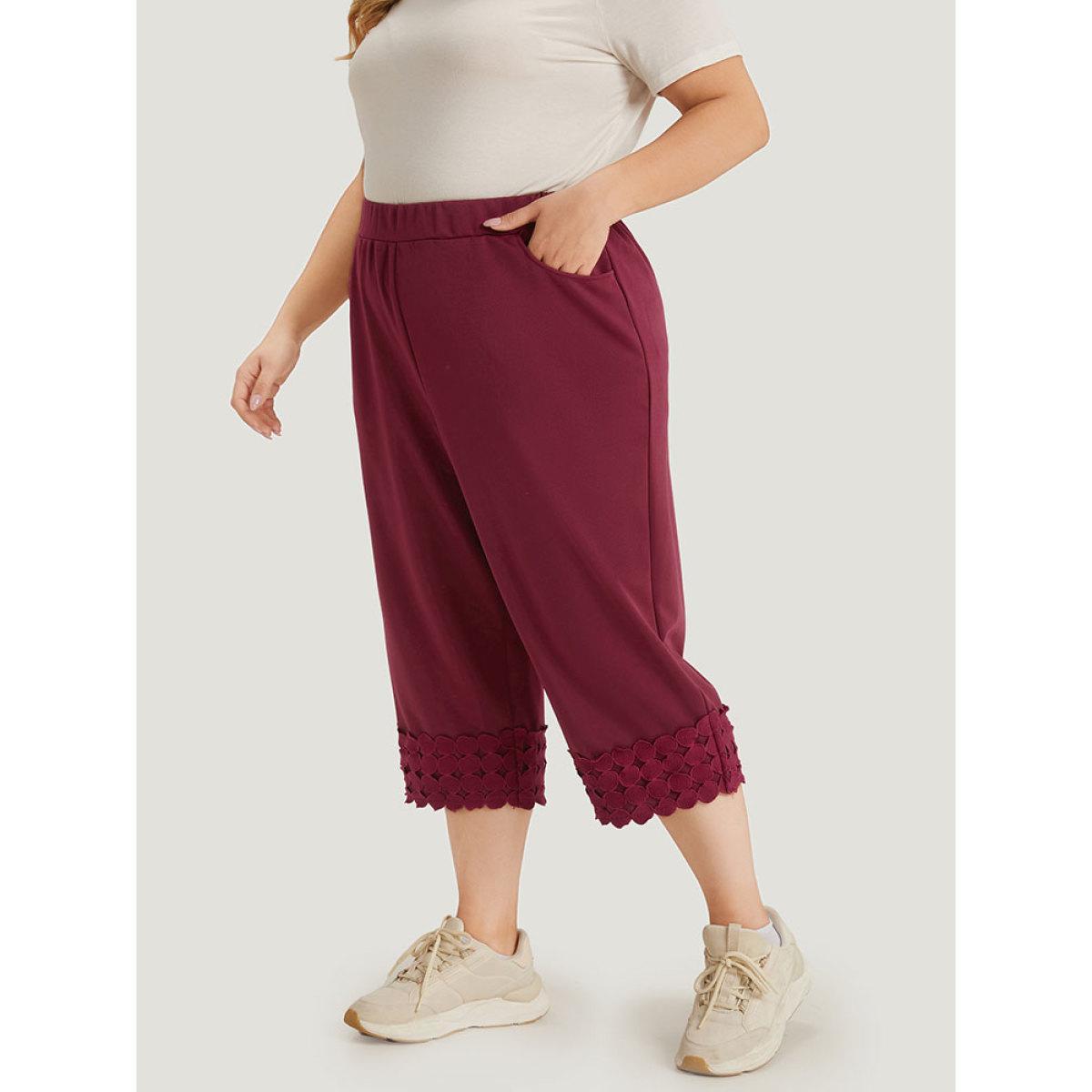 Plus Size Plain Pocket Elastic Waist Trim Hem Pants Women Burgundy Casual High Rise Dailywear Pants BloomChic 14-16/1X Product Image