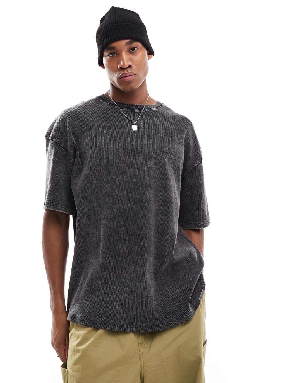Liquor N Poker textured ribbed varsity T-shirt in black Product Image