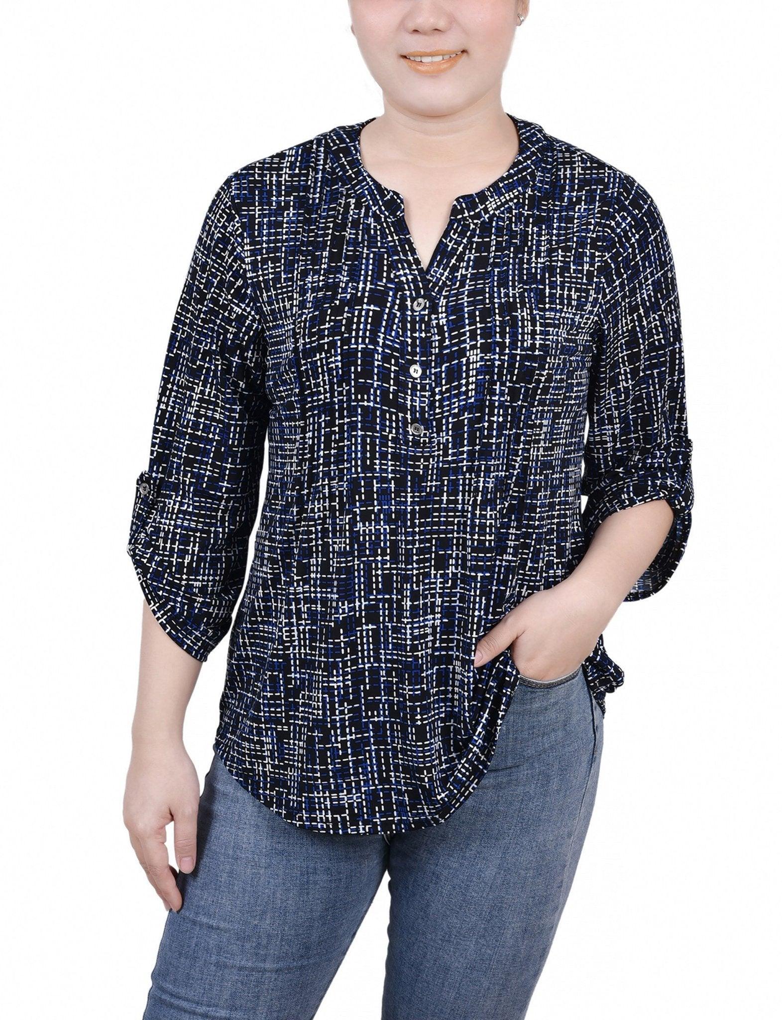 Black Royal Abstract Line 3/4 Roll Tab Sleeve Y Neck Top - Petite Product Image