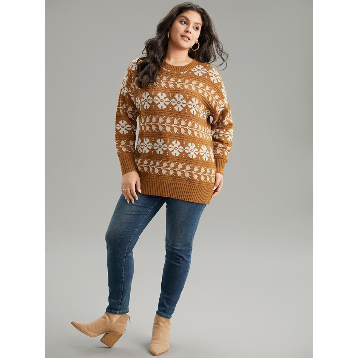 Plus Size Supersoft Essentials Anti-Pilling Geo Print Elastic Cuffs Pullover Chocolate Women Casual Loose Long Sleeve Round Neck Dailywear Pullovers BloomChic 22-24/3X Product Image