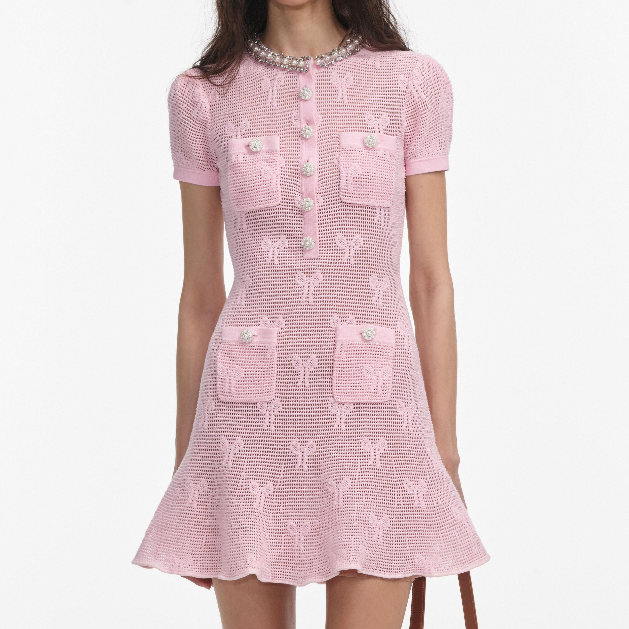 Pink Bow Crochet Crystal Trim Mini Dress Product Image