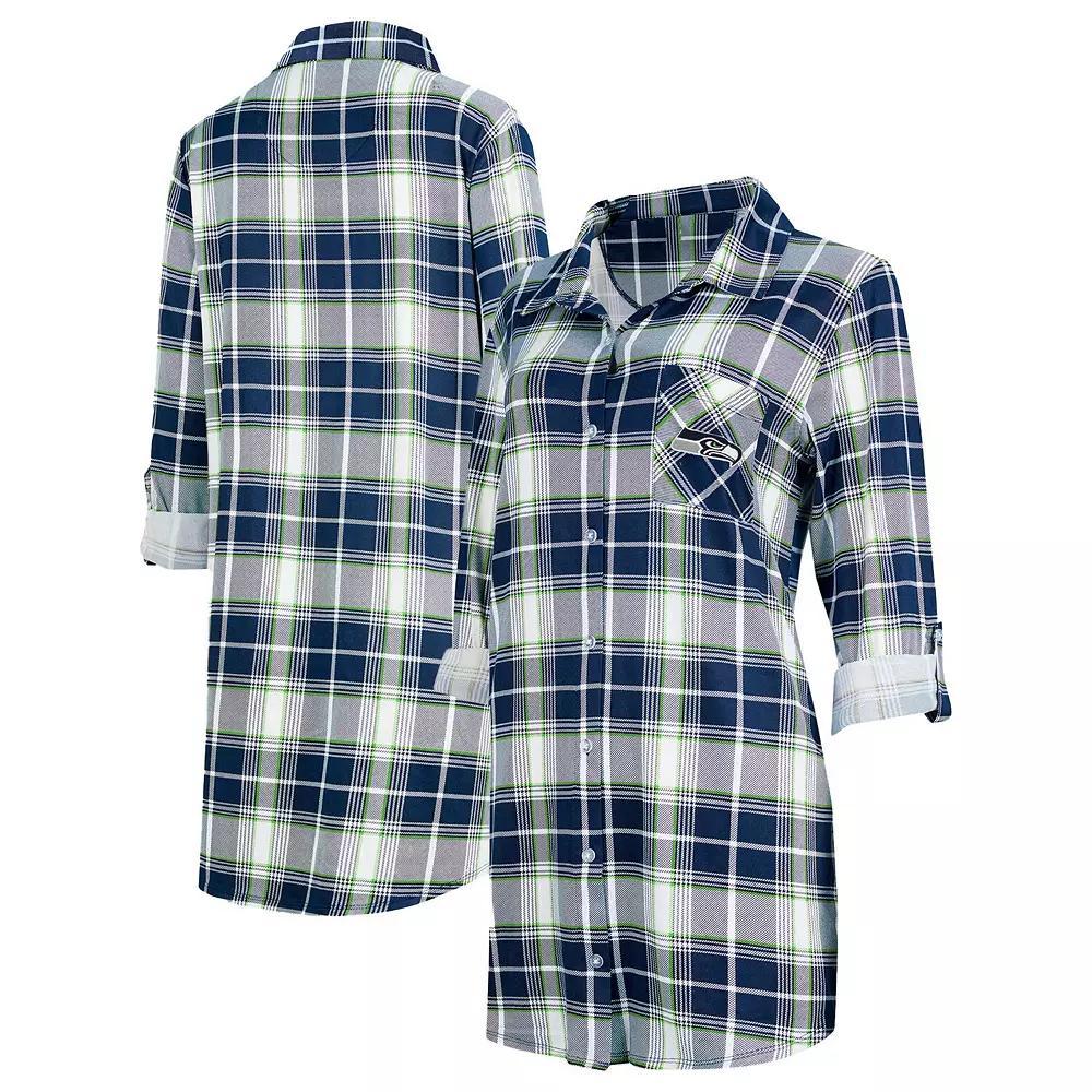 Women's Concepts Sport College Navy Seattle Seahawks Ashford Plaid Knit Nightshirt, Size: XL, Team Product Image