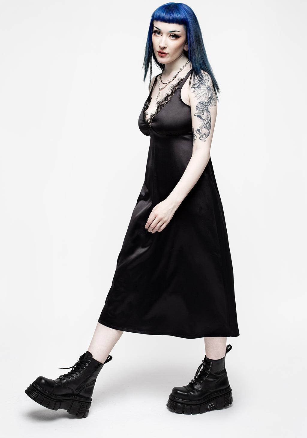 Medeina Lace Trim Satin Midi Slip Dress - Midnight Black Product Image