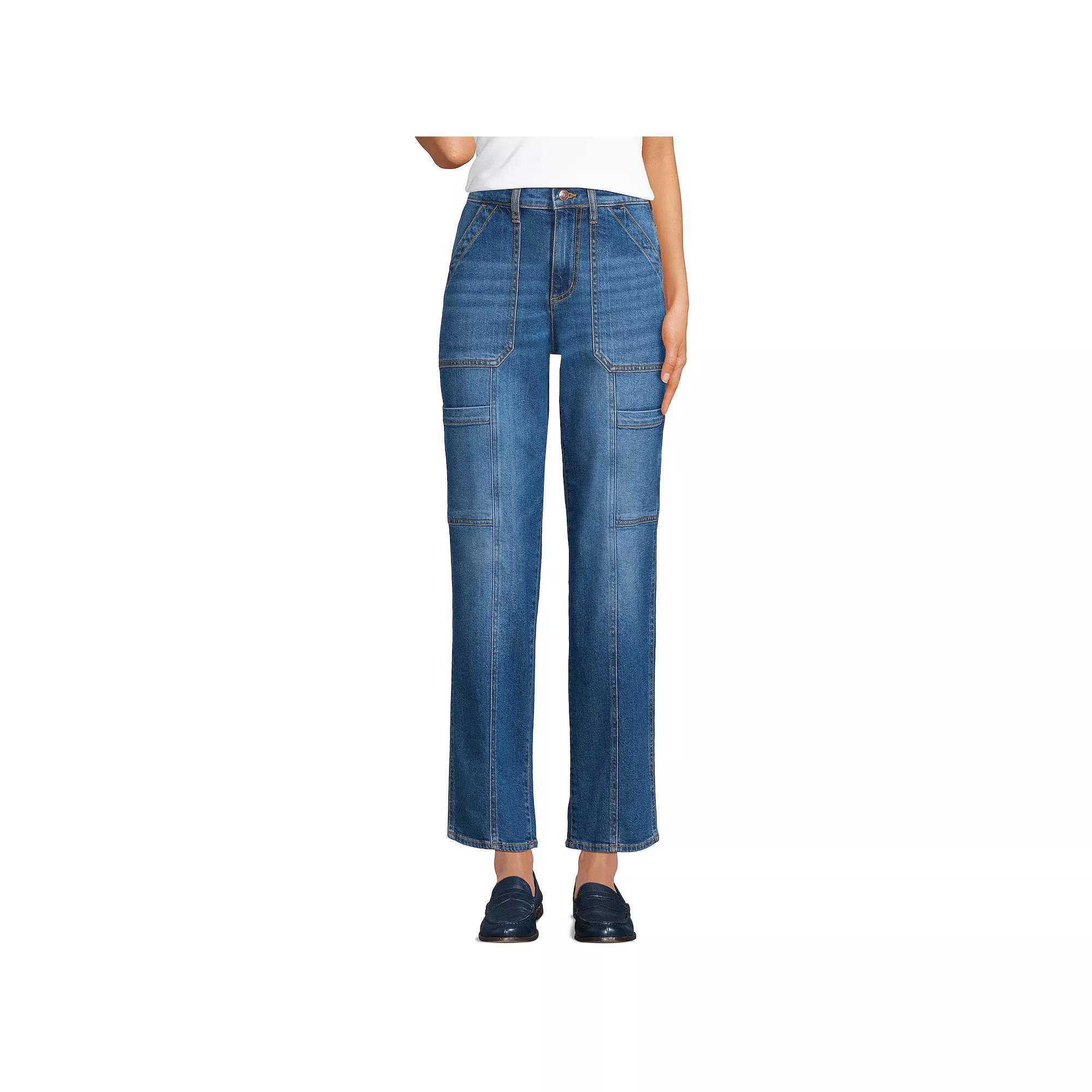 Women's Lands' End High-Rise Utility Cargo Ankle Jeans, Size: 14, River Rinse Product Image