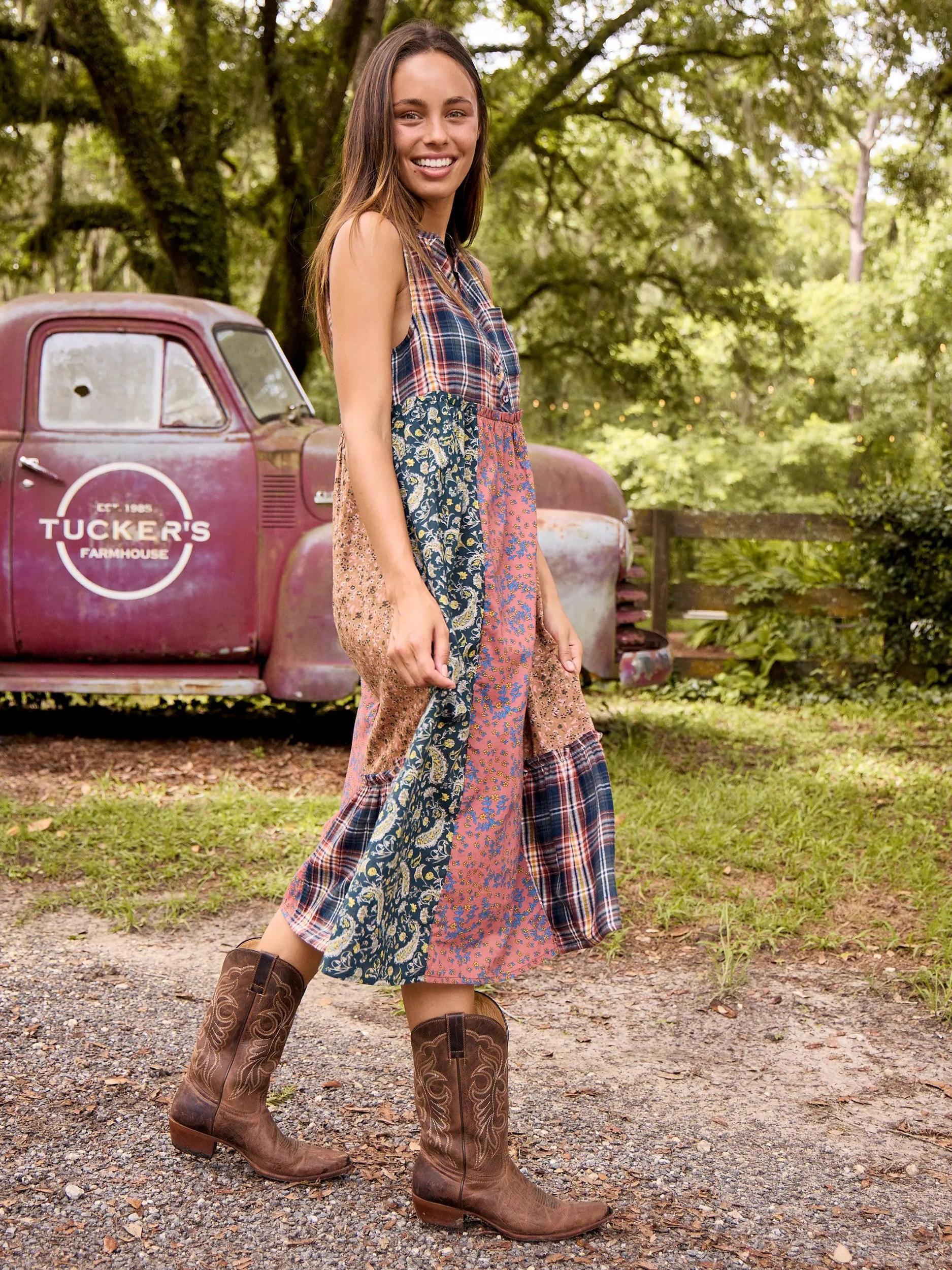 Harper Mixed Print Midi Dress - Plaid Floral Mixed Print Product Image