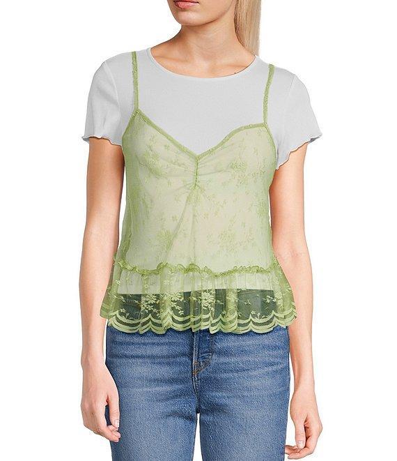 Honey & Sparkle T-Shirt Layered Floral Pattern Mesh Babydoll Cami Top Product Image