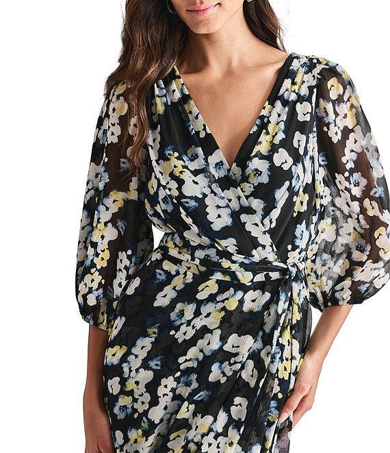 DKNY by Donna Karan V-neck 3/4 Sleeve Floral Print Faux Wrap Midi Dress Product Image