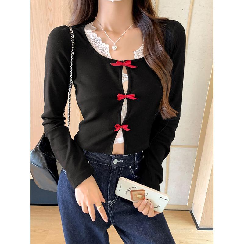 Long Sleeve Round Neck Bow Mock Two Piece Panel Lace Top Product Image