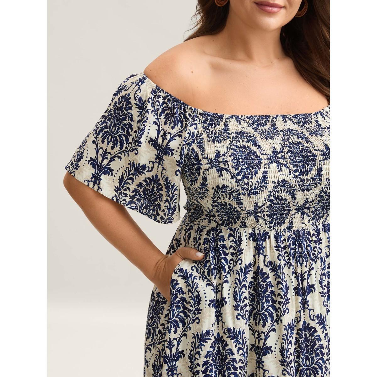 Plus Size Bandana Print Shirred Off Shoulder Dress DarkBlue Women Resort Non One-shoulder neck Short sleeve Curvy Midi Dress BloomChic 12/L Product Image