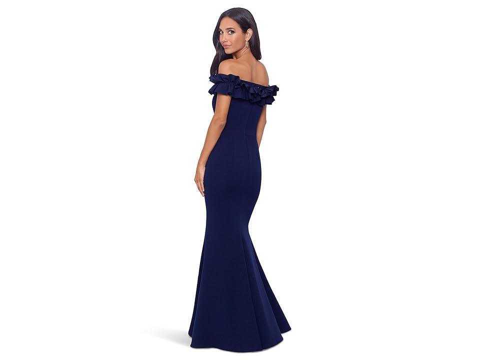 Xscape Petite Size Ruffled Off-the-Shoulder Short Sleeve Crepe Sheath Gown Product Image