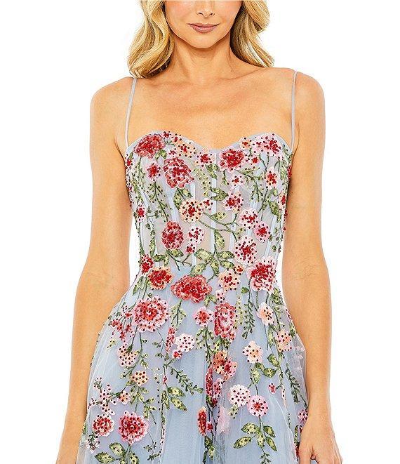 Mac Duggal Embroidered Mesh Floral Sweetheart Neck Sleeveless A-Line Midi Dress Product Image