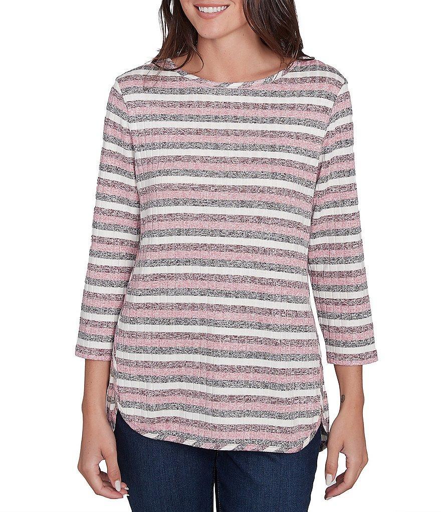 Ruby Rd. Ribbed Knit Stripe Boat Neck 3/4 Sleeve Top Product Image
