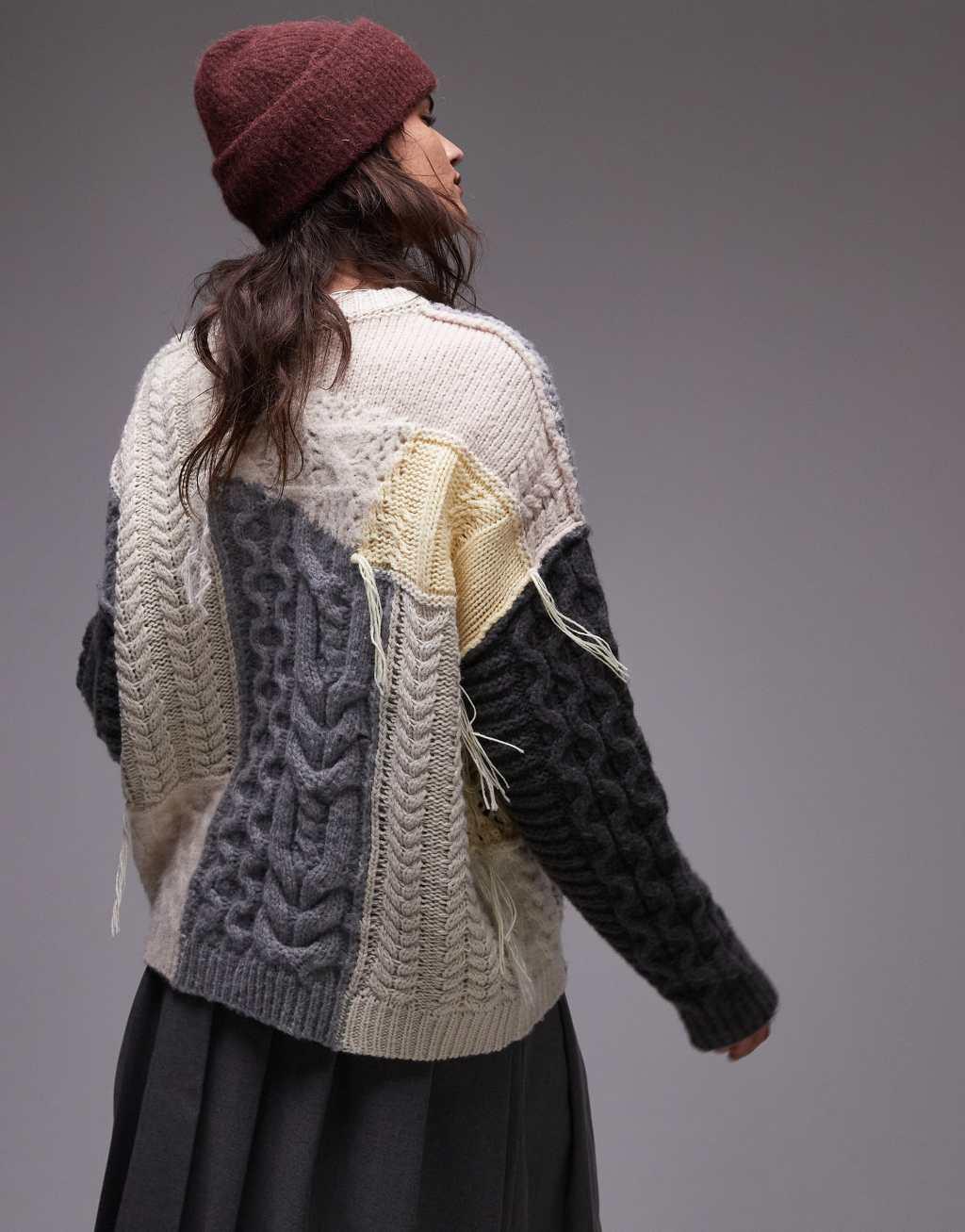 Topshop knit chunky oversized patchwork sweater in multi Product Image