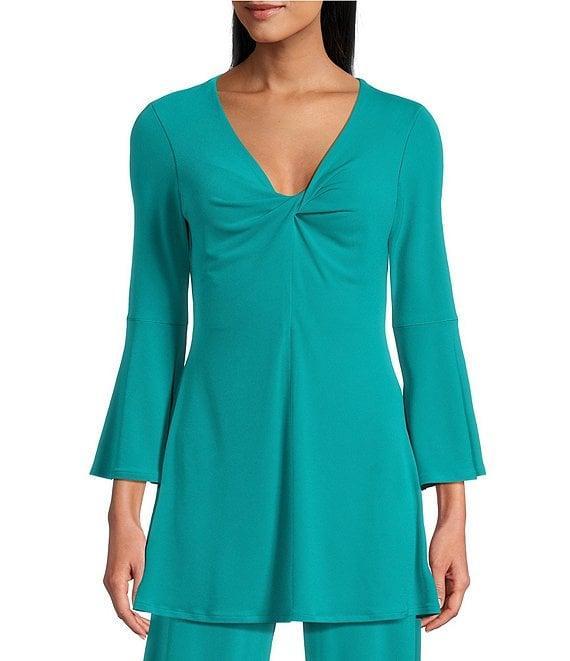 Eva Varro Knit Jersey Twist V-Neck 3/4 Bell Sleeve A-Line Flowy Tunic Product Image
