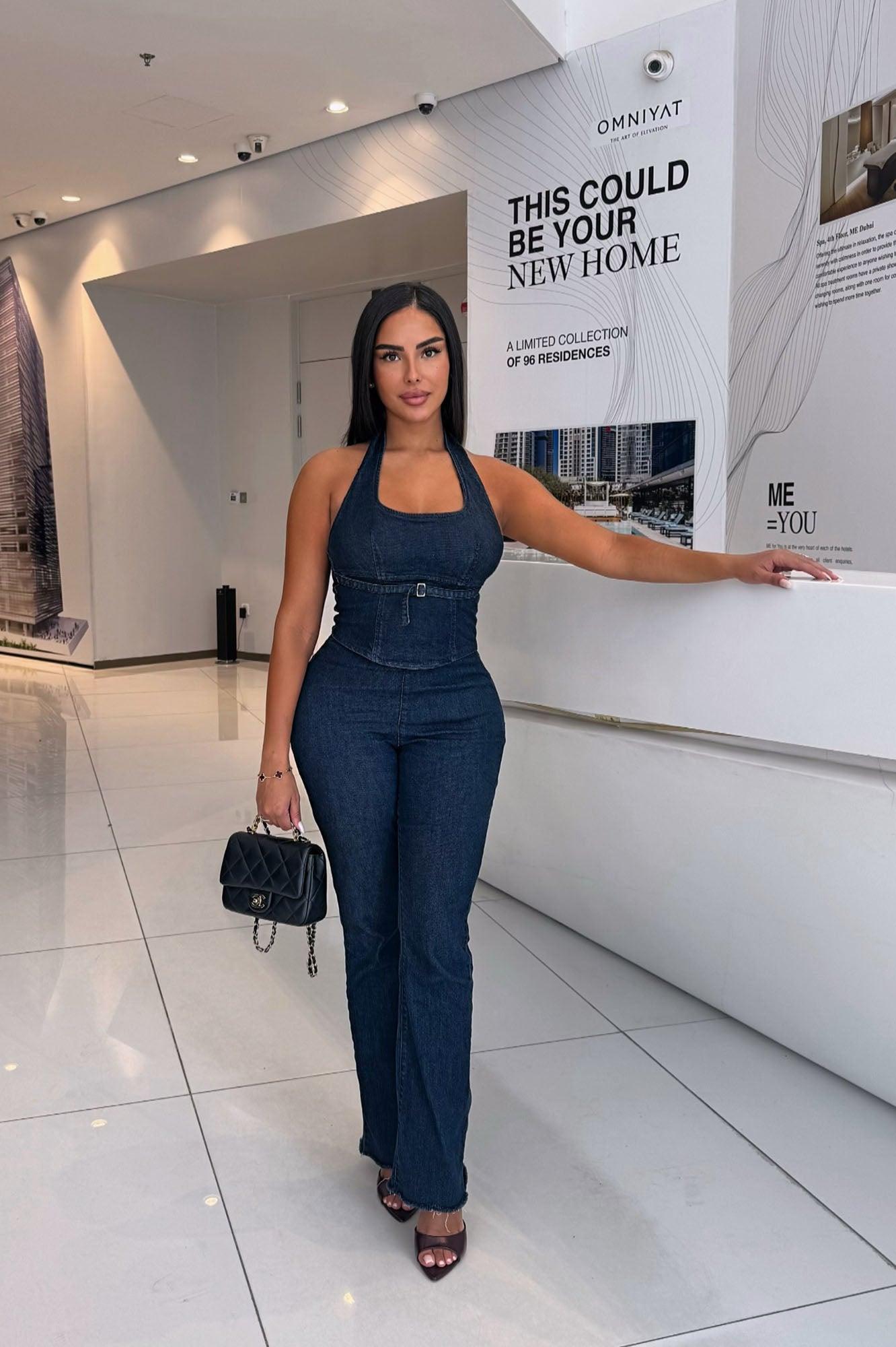 Andrea Halter And Flare Leg Pant Set - Dark Wash Female Product Image