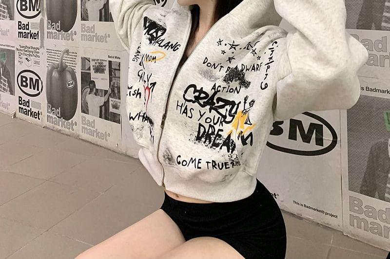 Lettering Print Zip-Up Crop Hoodie Product Image
