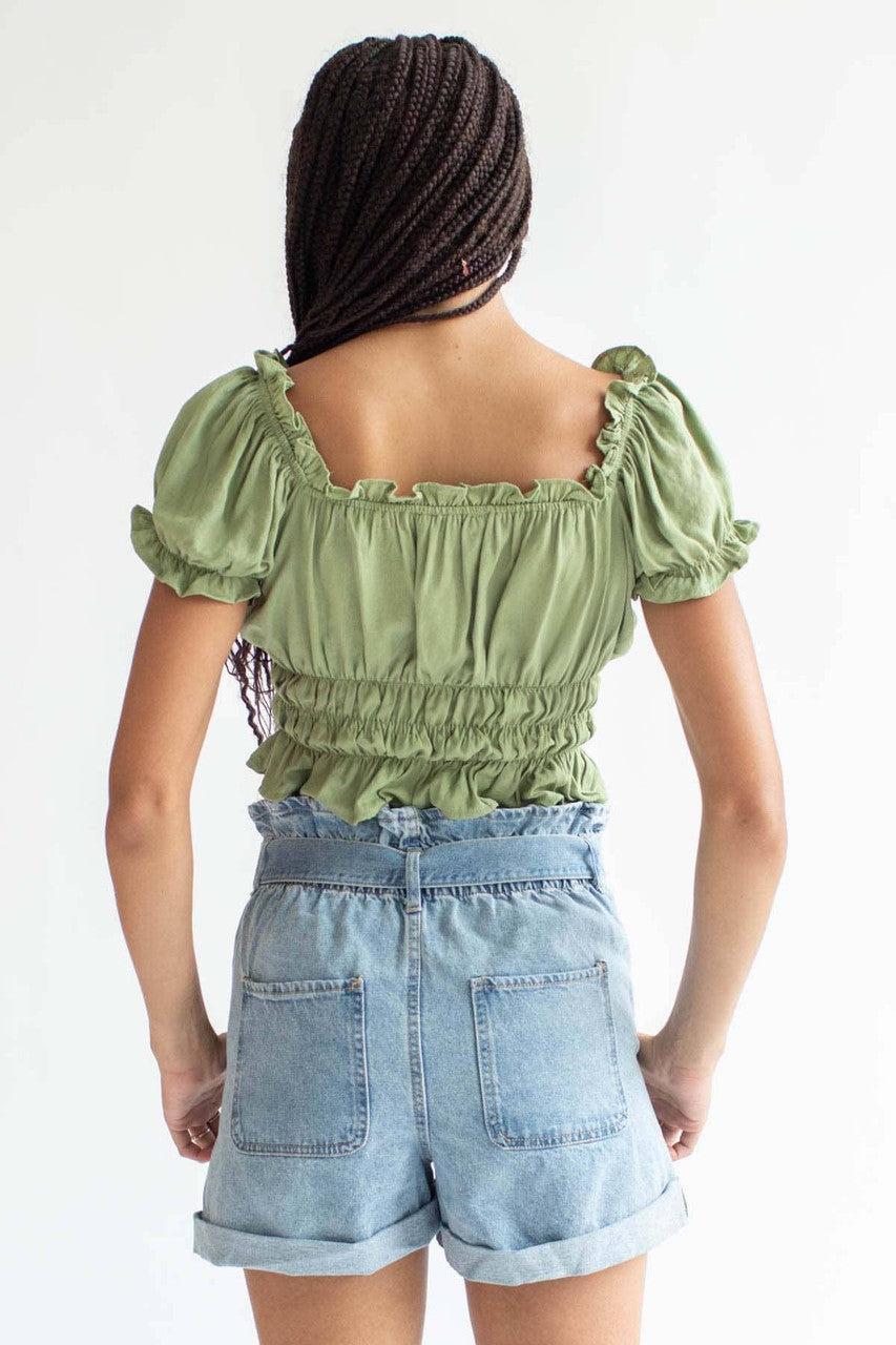 Tie Belt Paper Bag Waist Denim Shorts Product Image