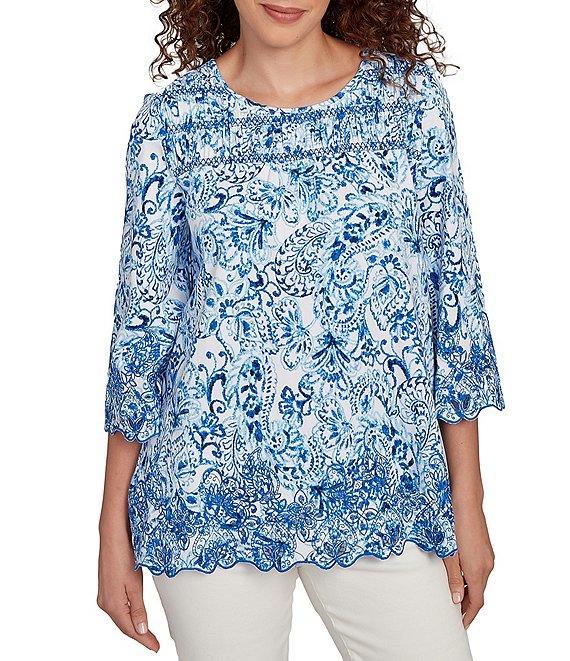 Ruby Rd. Cotton-Blend Embroidered Printed Scoop Neck 3/4 Sleeve Top Product Image