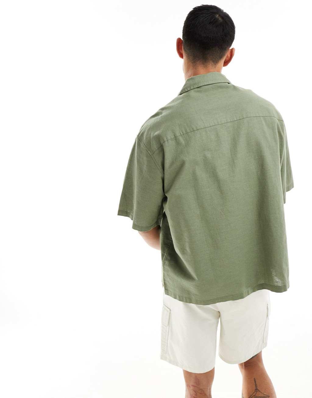 ASOS DESIGN boxy oversized linen look shirt with camp collar in green Product Image