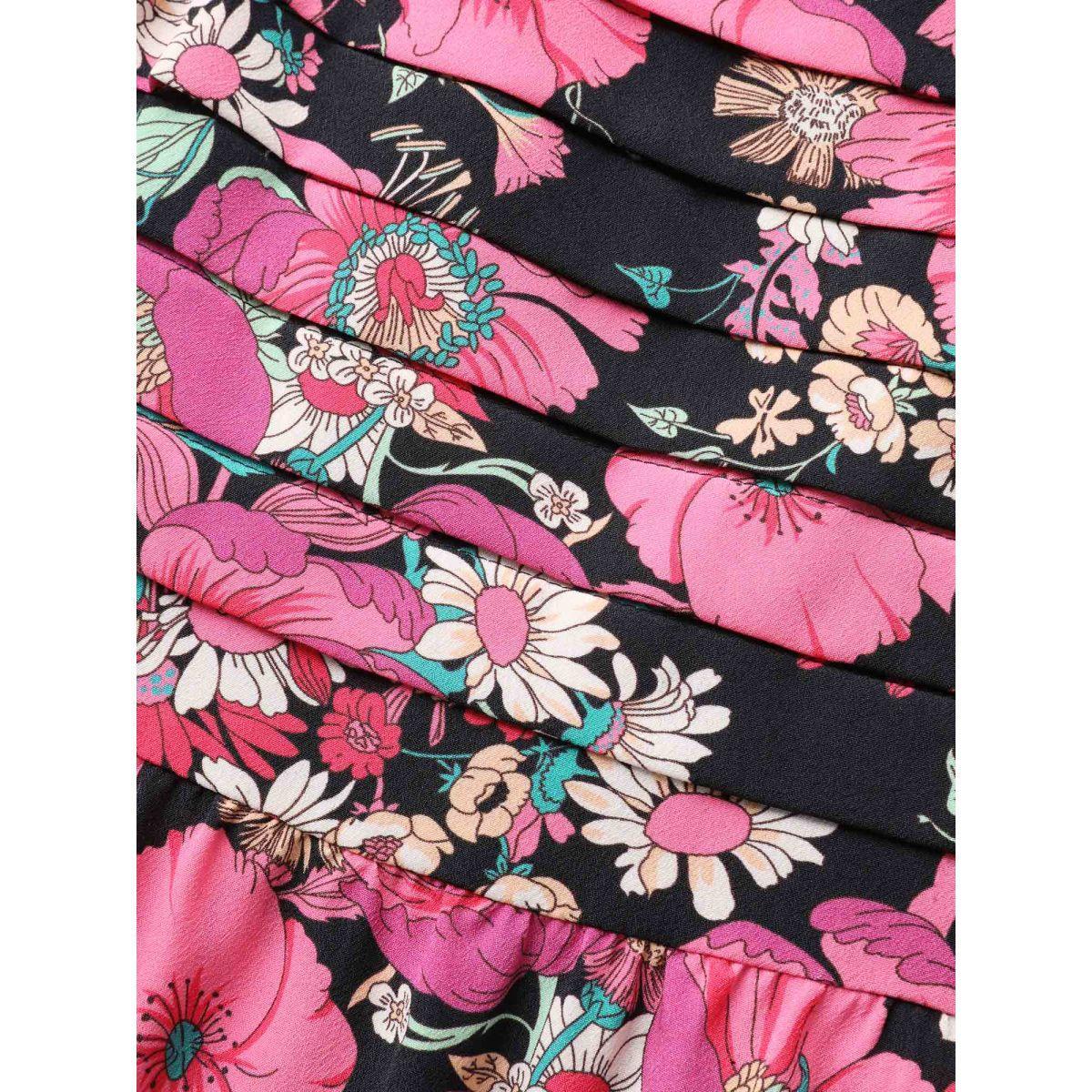 Plus Size Pleated Side Pockets Floral Midi Dress Black Women Tucked seam Non Sleeveless Curvy BloomChic 26/4X Product Image