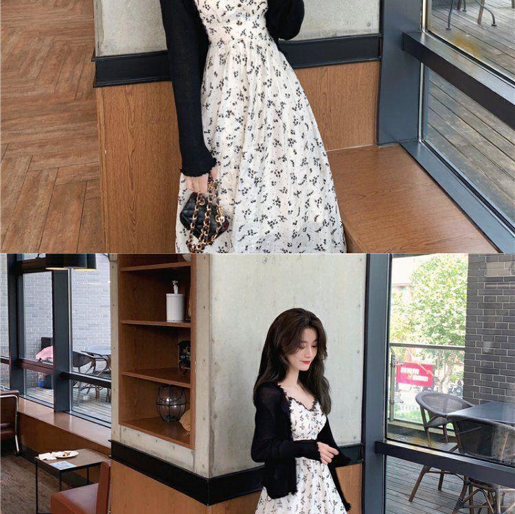 Spaghetti Strap Floral Print Midi A-Line Dress / Cardigan Product Image