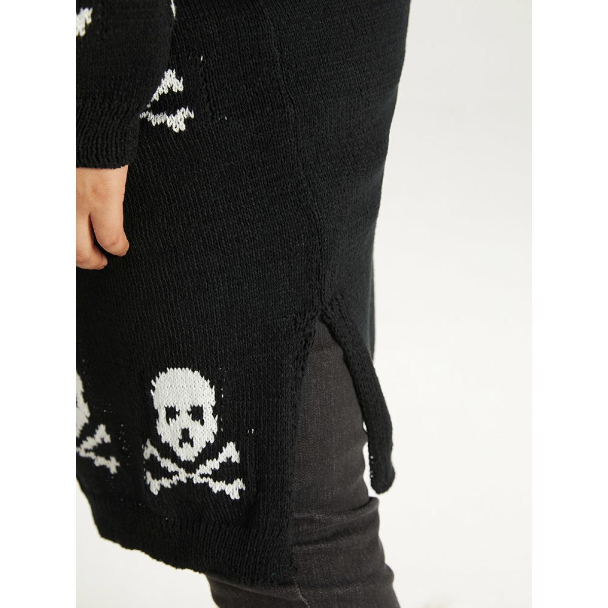 Plus Size Halloween Skull Print Split Side Drop Shoulder Maxi Cardigan Black Women Casual Loose Long Sleeve Festival-Halloween Cardigans BloomChic 22-24/3X Product Image