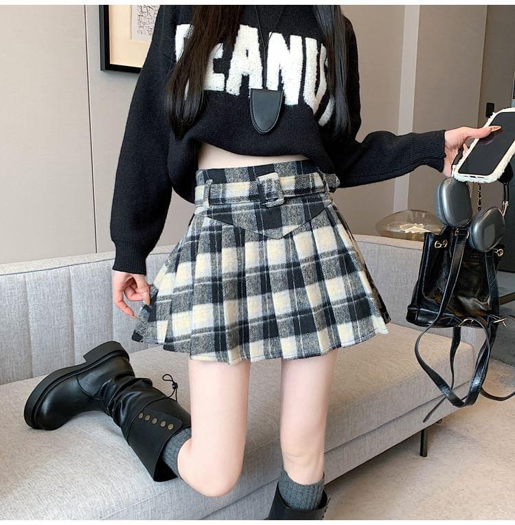High Rise Plaid Mini Pleated A-Line Skirt Product Image