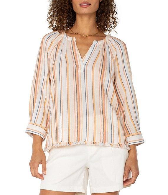 Liverpool Los Angeles Petite Size Stripe Split V-Neck 3/4 Sleeve Frayed Hem Top Product Image