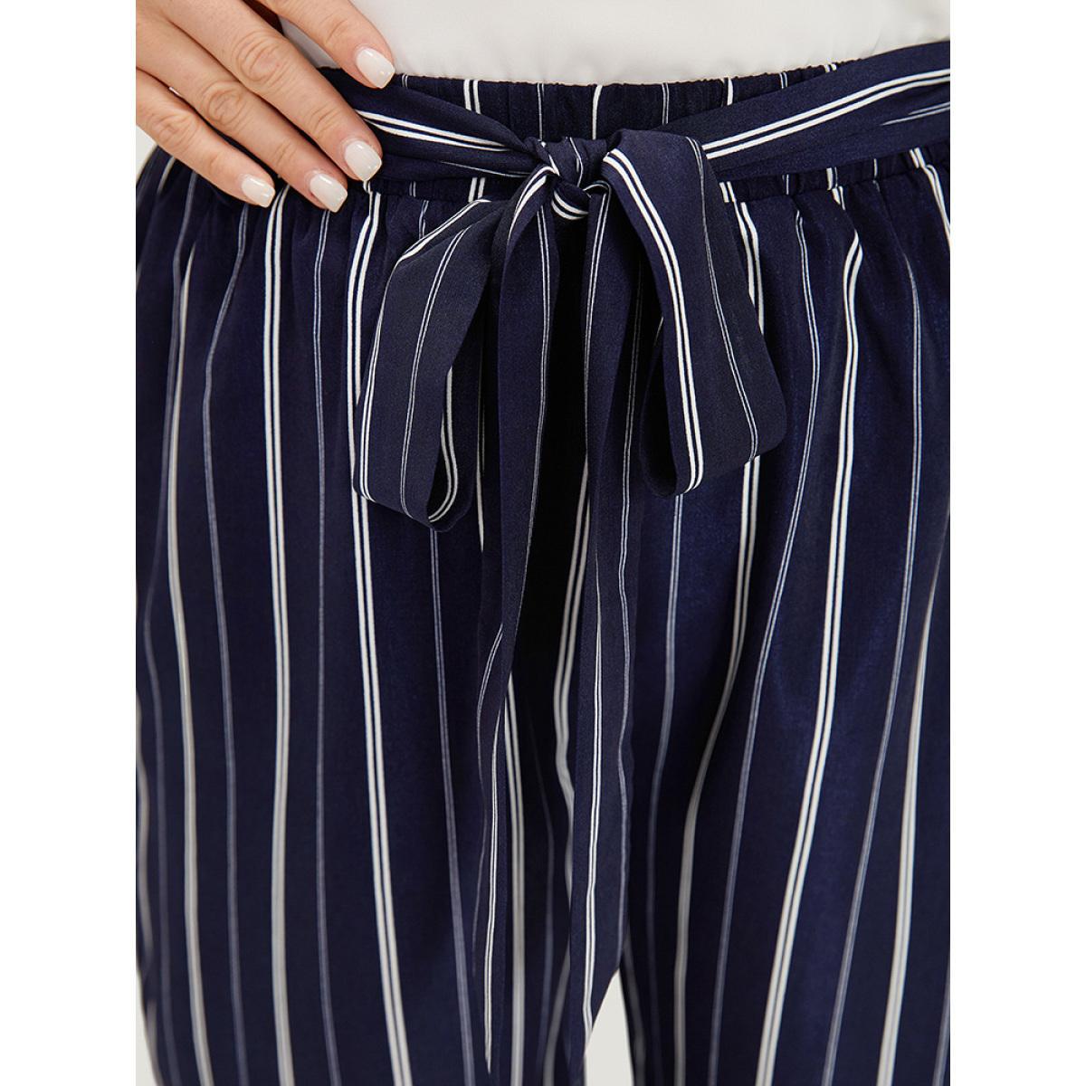 Plus Size Striped Belted Pocket High Rise Cropped Pants Women Indigo Office Straight Leg High Rise Work Pants BloomChic 18-20/2X Product Image