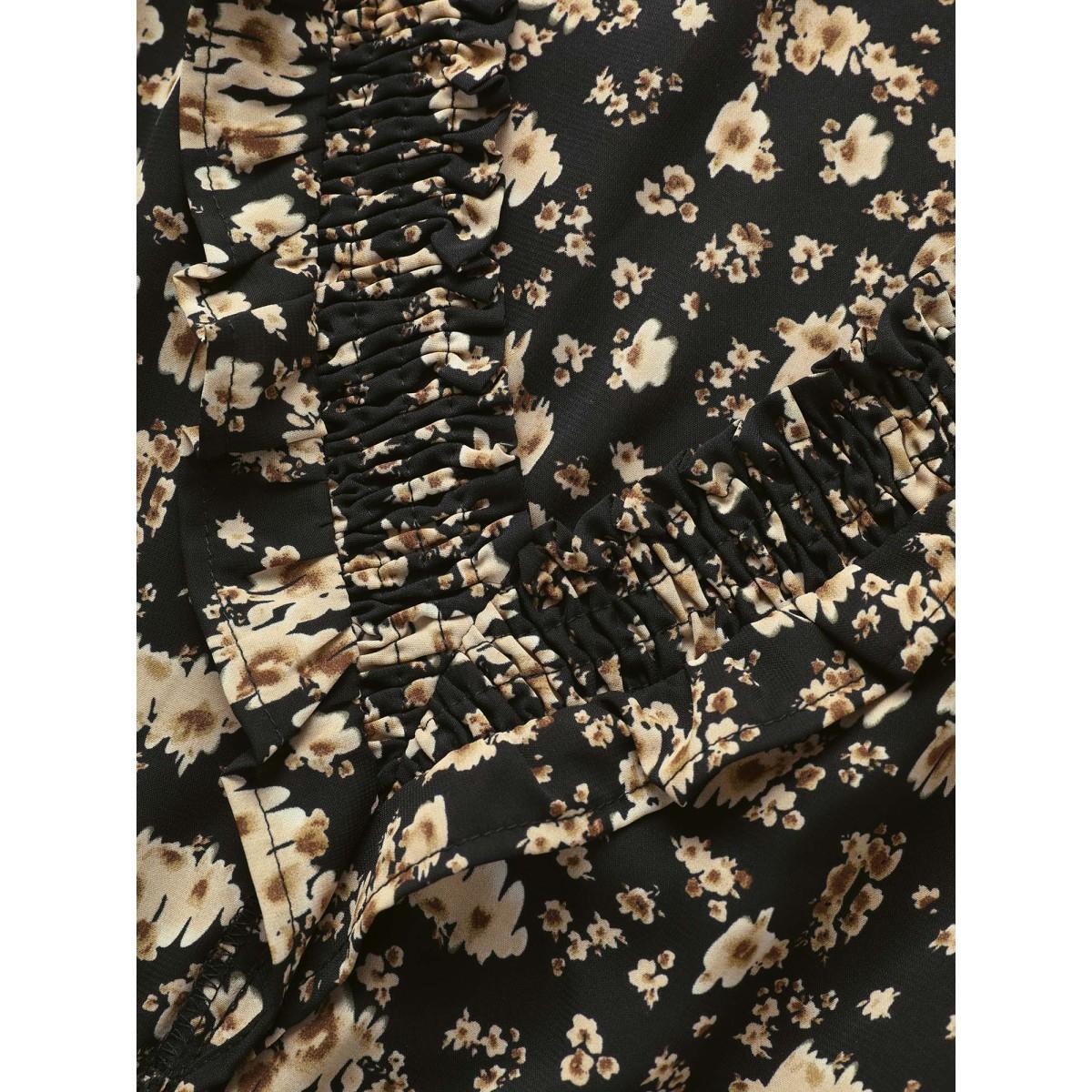 Plus Size V Neck Ditsy Floral Ruffles Shirred Dress Black Women Resort Shirred V-neck Long Sleeve Curvy BloomChic 12/L Product Image