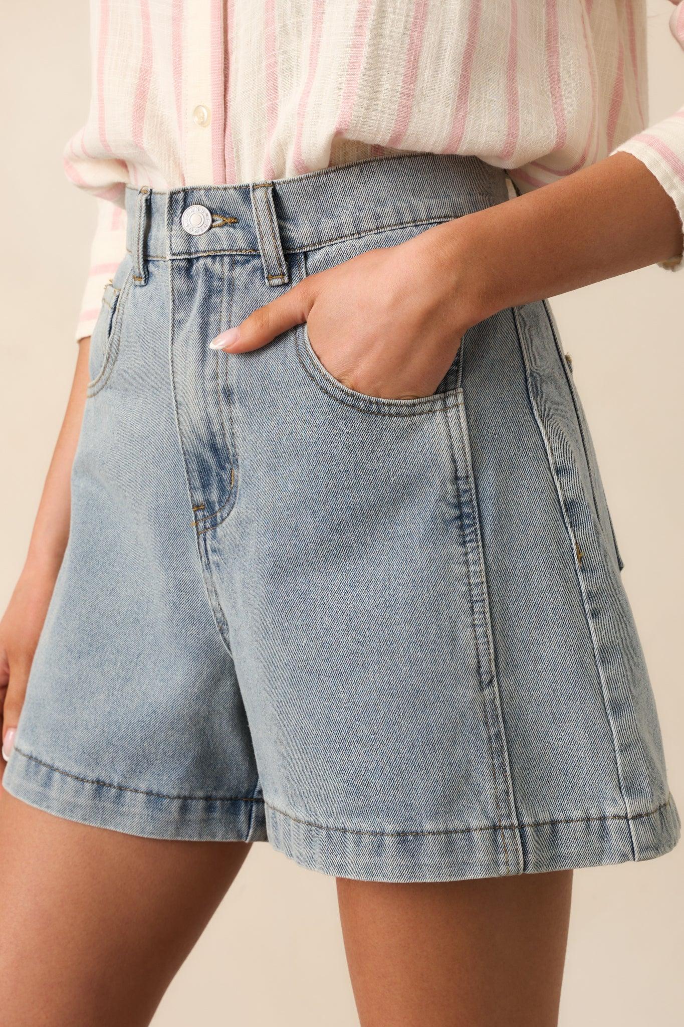 Doing It My Way Light Wash Cotton High Waisted Denim Shorts Product Image