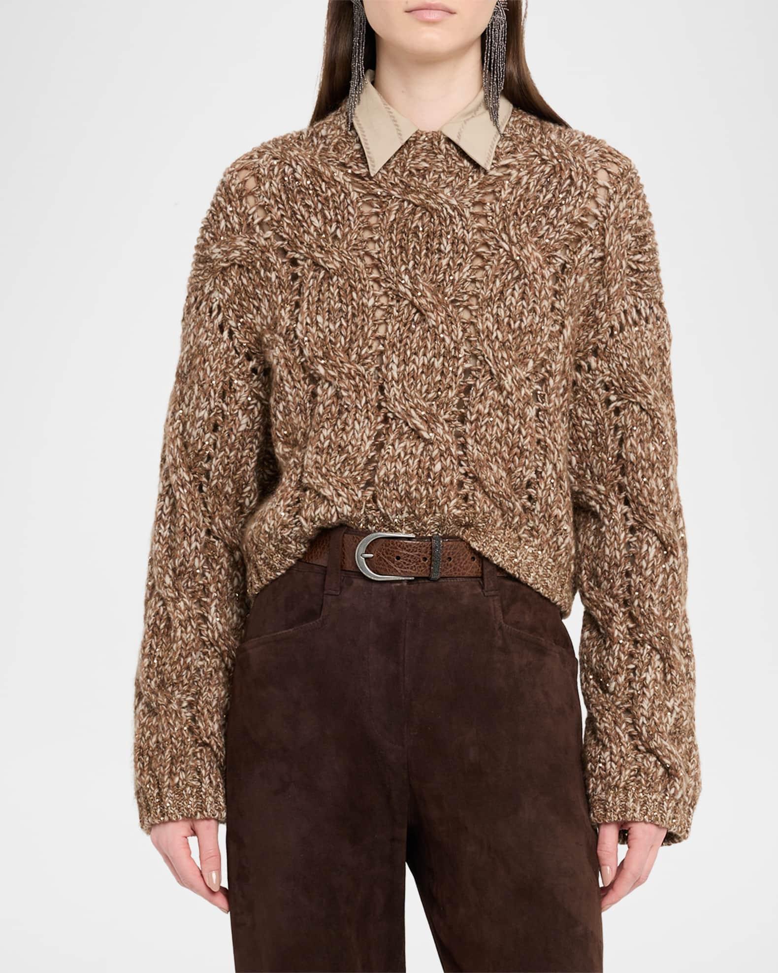 Marled Wool Mohair Sequined Cable-Knit Crop Sweater Product Image