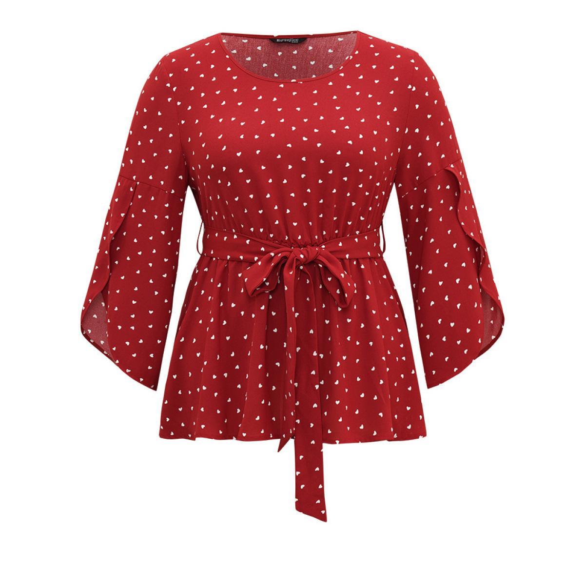 Plus Size Red Heart Print Belted Petal Sleeve High Low Hem Blouse Women Elegant Elbow-length sleeve Round Neck Everyday Blouses BloomChic 12/L Product Image