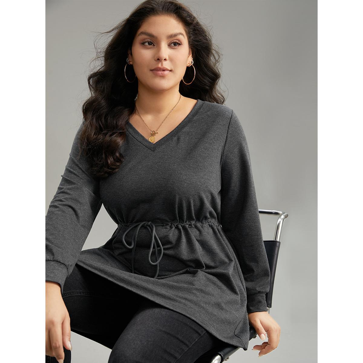 Plus Size V Neck Plain Drawstring Knot Sweatshirt Women Gray Casual Plain V-neck Dailywear Sweatshirts BloomChic 14-16/1X Product Image