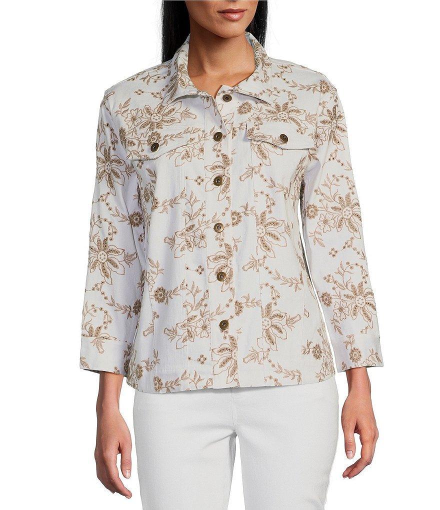 Multiples Allover Embroidery Point Collar 3/4 Sleeve Button-Front Twill Jacket Product Image