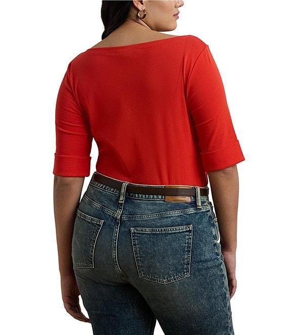 Lauren Ralph Lauren Plus Size Stretch Cotton Boat Neck Short Folded Elbow Sleeve Top Product Image