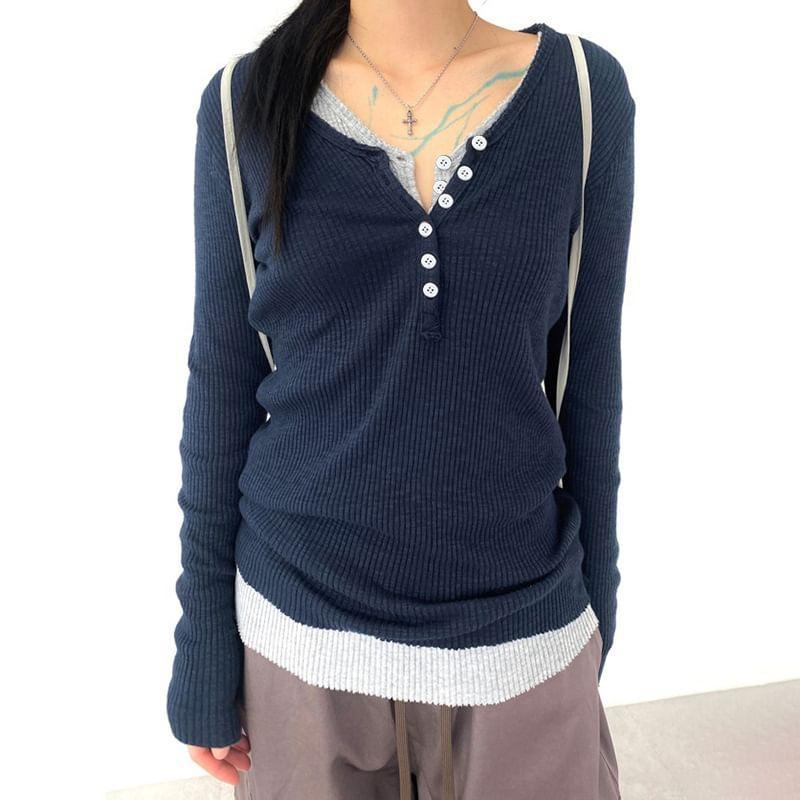 Long Sleeve V-Neck Mock Two Piece Tee Product Image